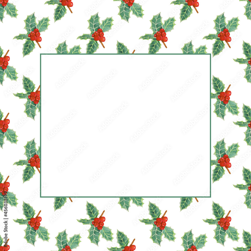 Holly frame wotercolor illustration. Merry Christmas and Happy New Year. Perfect for invitations, blogs, print, greeting cards, poster. Holly frame wotercolor illustration. Merry Christmas and Happy New Year. Perfect for invitations, blogs, print, greeting cards, poster.