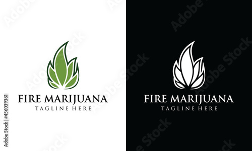 green marijuan, weed sign on fire hot flame cannabis hemp logo icon design vector illustration in modern flat simple minimal style