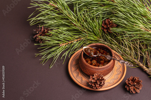 Sweet pine cone jam. Traditional Siberian dessert, fresh evergreen branches