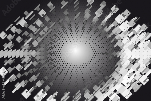 Simple gray-scale geometries forming a 3d effect of a vortex. Dark background with radial gradient.