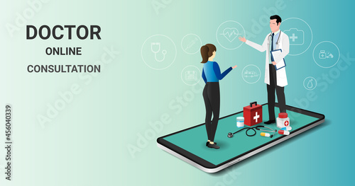 smartphone screen with male doctor and  female patient. Online doctor, online medical consultation, tele medicine, Online healthcare and medical consultation. Digital health concept. 3D vector