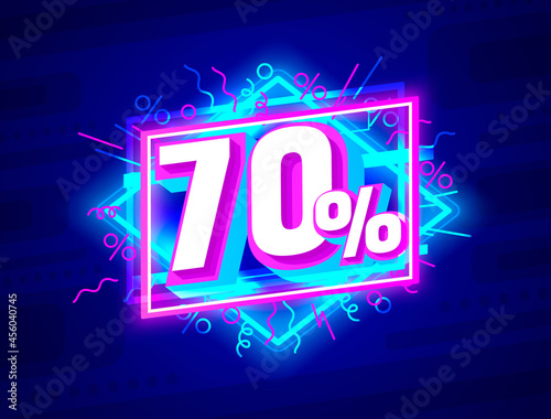 Cyber 70 off sale banner, light neon flyer, retro label. Vector