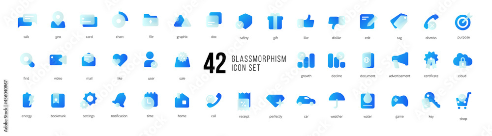 A set of blue vector icons of modern trend in the style of glass morphism with gradient, blur and transparency. The collection includes 42 icons in a single style of business, finance, UX UI - obrazy, fototapety, plakaty 