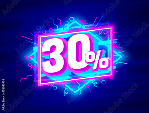Cyber 30 off sale banner, light neon flyer, retro label. Vector