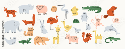 Fototapeta Naklejka Na Ścianę i Meble -  A set of simple animal: sheep, rhinoceros, lynx, crocodile, beaver, camel, goose, dolphin, raccoon, hedgehog, giraffe, hare, turkey, cow, fox, bear, penguin and other