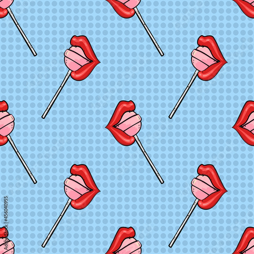 Sexy lips with lollipops. Seamless candy pattern in retro style.