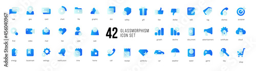 A set of blue vector icons of modern trend in the style of glass morphism with gradient, blur and transparency. The collection includes 42 icons in a single style of business, finance, UX UI photo