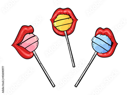 Set of sexy lips with lollipops. Vector illustration in retro style, pop art.