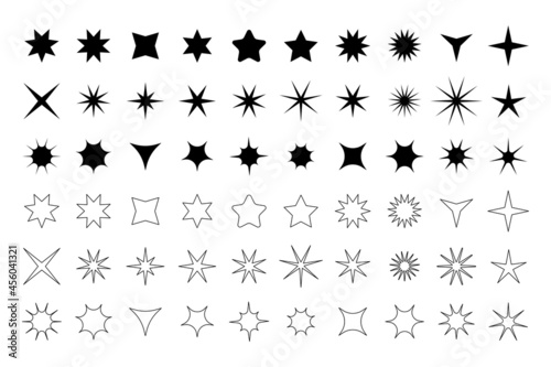 Set of different black and linear stars. Star shaped vector design elements © Саша Мельник