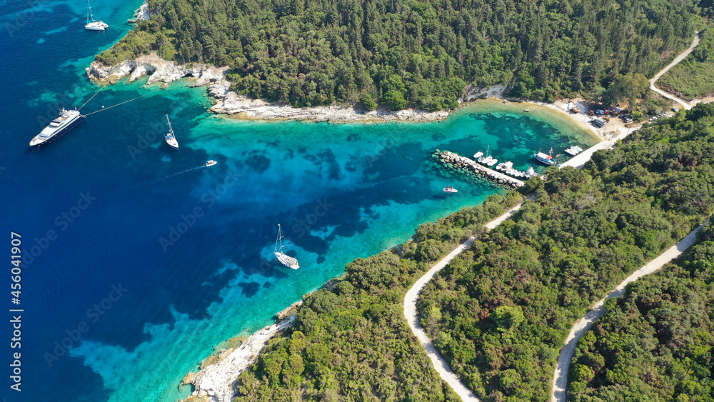 Aerial drone photo of small marina and sandy beach in island of Antipaxos, Ionian, Greece