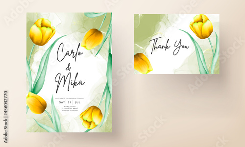 wedding invitation with beautiful yellow watercolor tulip flower #456042770