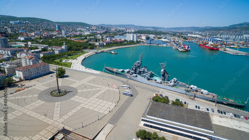 Aerial view of the embankment of the city of Novorossiysk and the cruiser Mikhail Kutuzov