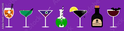 Set of Halloween cocktails. An illustration of seasonal drinks in different types of glasses. Vector illustration of spooky cocktails.