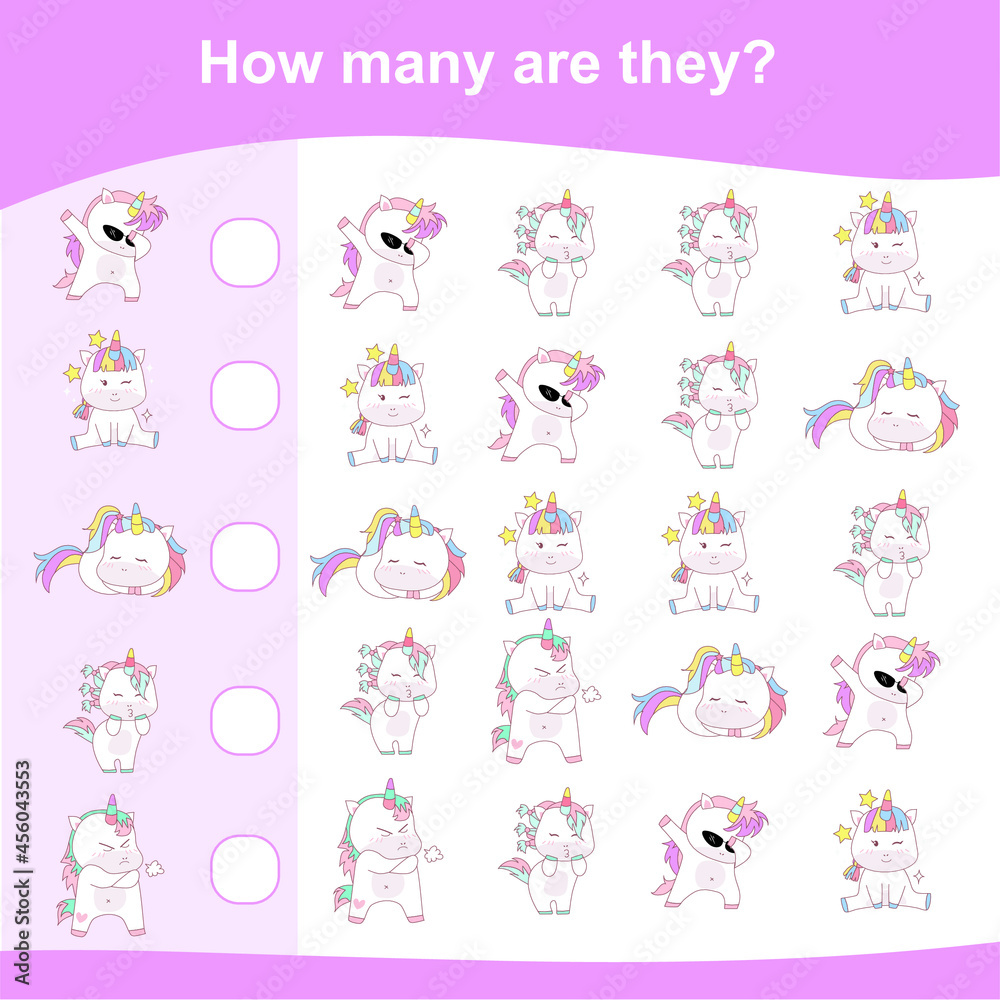 Counting unicorn game for children. Cute unicorn math worksheet. Unicorn math game. Educational printable math worksheet. Preschool Education. Vector illustration.