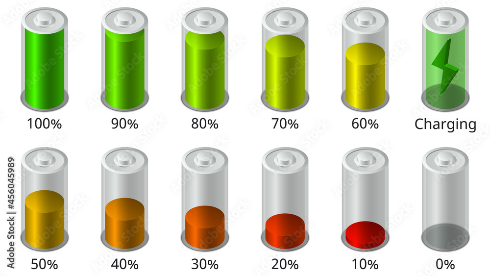Set of battery charge level indicators in isometric view. Objects are isolated on a white background. Battery charge. Vector illustration. Set of battery charge level indicators in isometric view. Objects are isolated on a white background. Battery charge. Vector illustration.