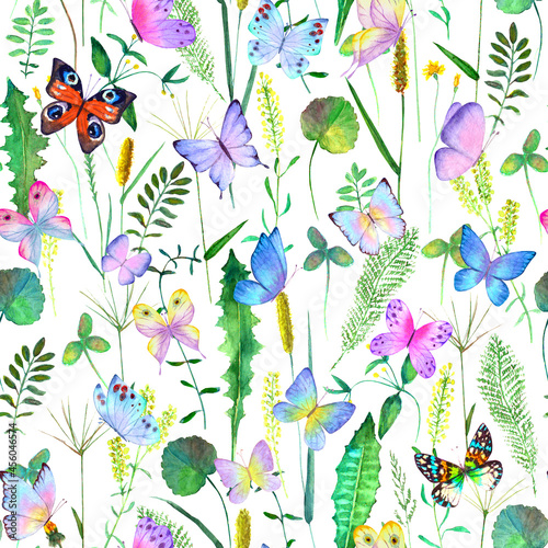 Seamless botanical summer pattern with colorful watercolor butterflies and meadow wild flowers, herbs, grasses