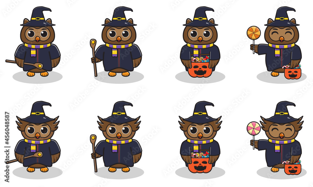 Obraz premium Vector illustration of cute Owl with Wizard costume. Owl character vector design. Good for label, sticker, clipart.