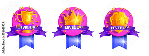 Level up UI game badge set, vector bonus rank reward icon kit, golden cup, royal crown, winner shield. Mobile app user interface rating achievement sticker purple ribbon. Level up game emblem on white