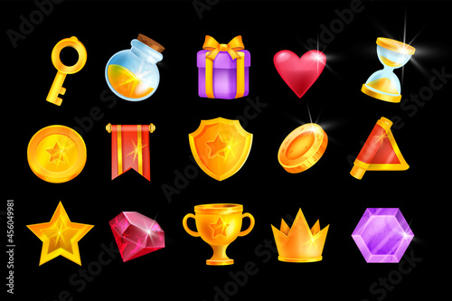 UI game icon set, vector casino mobile app element kit, golden shield, award medal, trophy cup, gift box. 2D fantasy inventory object, red flag, ruby gemstone, magic potion, hourglass. Game icon pack