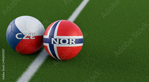 Czech Republic vs. Norway Soccer Match - Leather balls in Czech Republic and Norway national colors. 3D Rendering