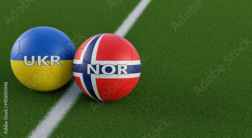 Ukraine vs. Norway Soccer Match - Leather balls in Ukraine and Norway national colors. 3D Rendering