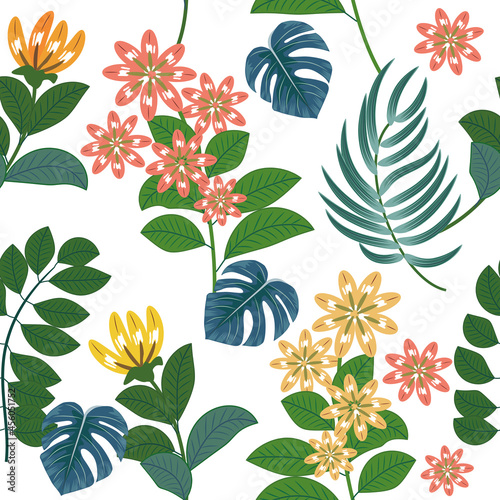 Seamless pattern with tropical leaves of palm tree and yellow flowers. Botany vector background  jungle wallpaper.