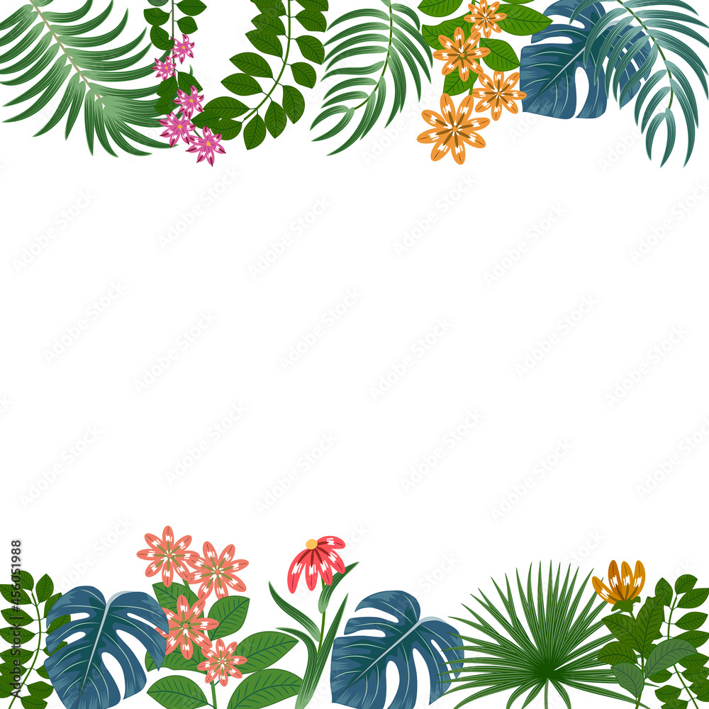 Frame with tropical leaves of palm tree and yellow flowers. Botany vector background, jungle wallpaper.