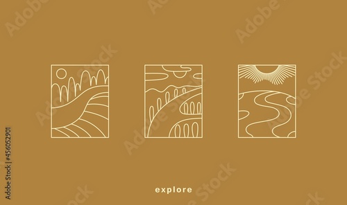 Line art simple landscapes for decor. Contemporary minimal boho style. Modern vector design