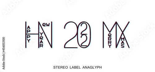 Happy New Year and Merry Christmas 2022. Contemporary minimalistic label design. Line art typography composition. Vector template