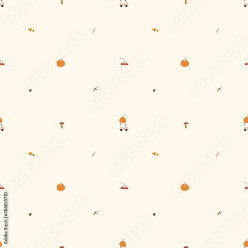 Seamless autumn pattern with a lot of air and small car and pumpkin illustrations. Doodle illustrations on beige background. For prints, backgrounds, wrapping paper, textile, linen, wallpaper, etc. 