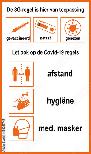 Hinweisschild mit 3G- und covid-19 Regel. Vektor Datei . Text in Niederländisch