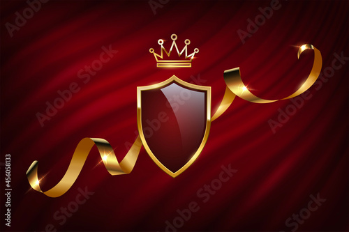 Royal heraldic emblem on curtain, realistic 3d blazon from shield, golden crown, ribbon