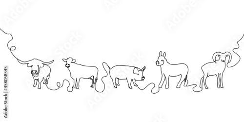 Domestic animals one line set. Continuous line drawing of cow, pig, bull, sheep, donkey. © sahs94