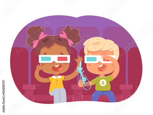 Kids watching movie on screen at cinema. Little boy and girl watch film in theater, sitting on seats in amazement vector illustration. Leisure and entertainment in childhood