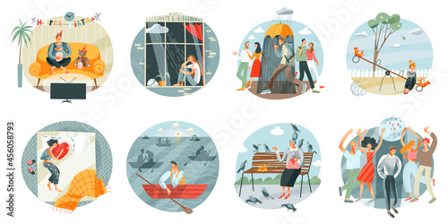 Sad lonely people set. Women and men alone and depressed vector illustration. Unhappy upset girls and guys at home, at party, outdoor, child and elderly lady. Loneliness and despair
