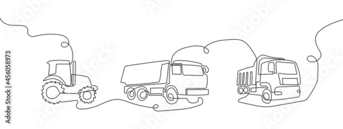 Agricultural transport continuous line drawing set. One line art of freight transport, tractor, truck.