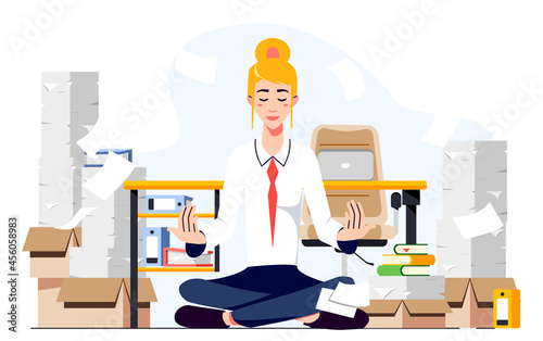 Stress Relief and Relaxation at Work. Businessman doing yoga, sitting in the lotus pose. Zen Office Space Concept. Overwhelmed Office Worker Meditate to Relieve Stress or Anxiety. Vector Illustration.