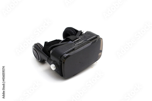 Close-up view of Black VR box or virtual reality glasses isolated on white background.