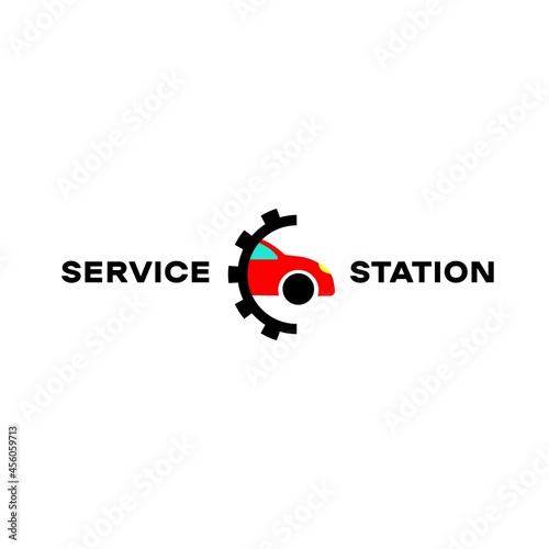 Service station or half gear and car color icon. Tire service center. Repair and maintenance. Vehicle workshop. Trendy flat isolated symbol for: illustration, logo, banner, web, dev, ui. Vector EPS 10