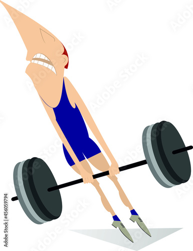 Cartoon man weightlifter isolated illustration. 
Funny strong man is trying to lift a heavy weight isolated on white
