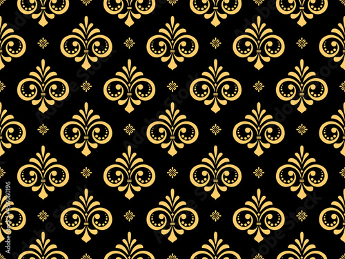 Wallpaper in the style of Baroque. Seamless vector background. Gold and black floral ornament. Graphic pattern for fabric, wallpaper, packaging. Ornate Damask flower ornament