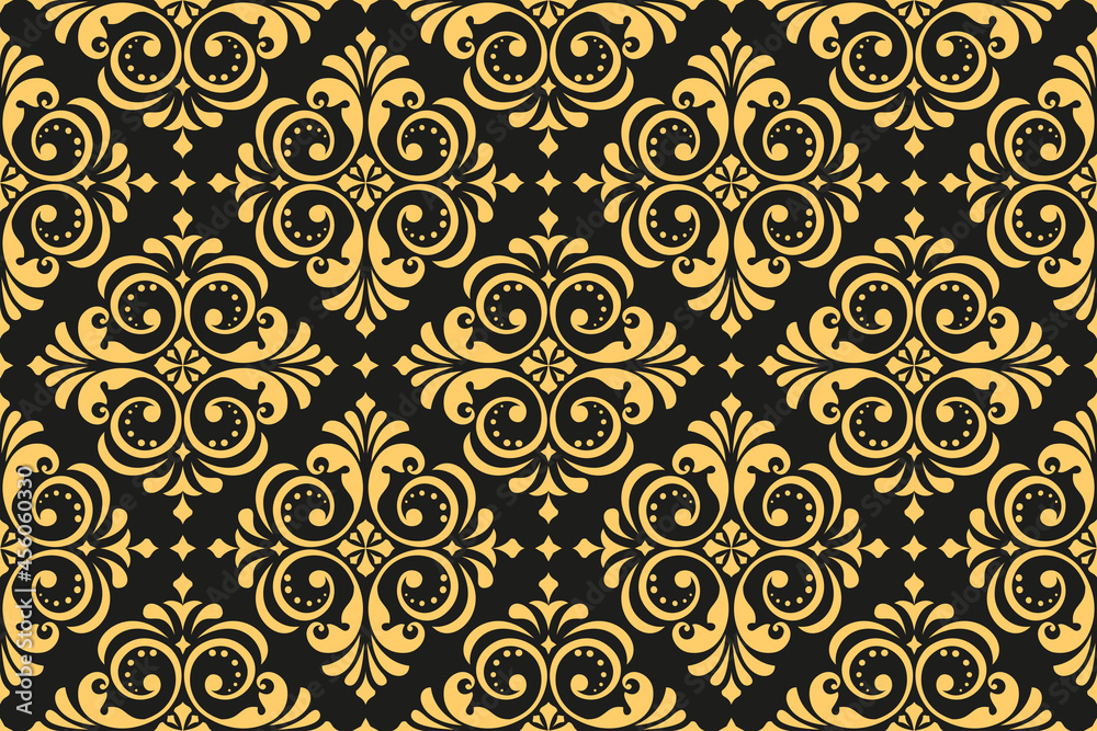 Floral pattern. Vintage wallpaper in the Baroque style. Seamless vector background. Gold and black ornament for fabric, wallpaper, packaging. Ornate Damask flower ornament