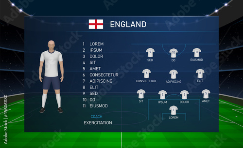 Football scoreboard broadcast graphic with squad soccer team England photo