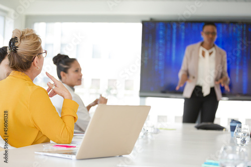 Businesswoman leading conference room meeting