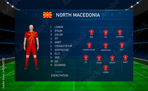 Football scoreboard broadcast graphic with squad soccer team North Macedonia