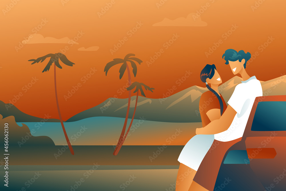 A guy and a girl on the beach are hugging at their car, teenagers in love. Young characters on the background of mountains and palm trees, red sunset, flat design.