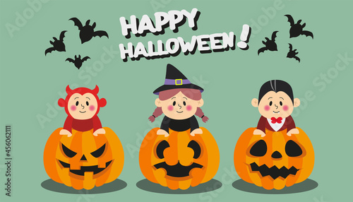 Flat illustration of happy Halloween children in costumes on pumpkins