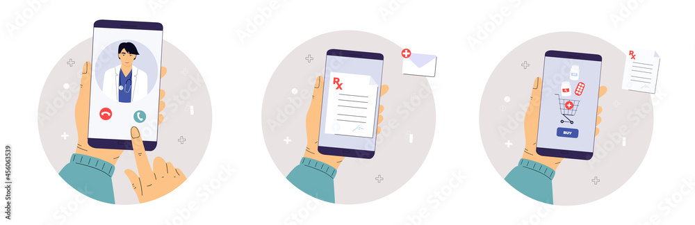 The patient makes a video call to the Asian doctor. Medical worker with a stethoscope. Online pharmacy. Hand holds smartphone to buy pills. Mobile service for purchasing medicines. The patient makes a video call to the Asian doctor. Medical worker with a stethoscope. Online pharmacy. Hand holds smartphone to buy pills. Mobile service for purchasing medicines.