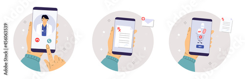 The patient makes a video call to the Asian doctor. Medical worker with a stethoscope. Online pharmacy. Hand holds smartphone to buy pills. Mobile service for purchasing medicines.