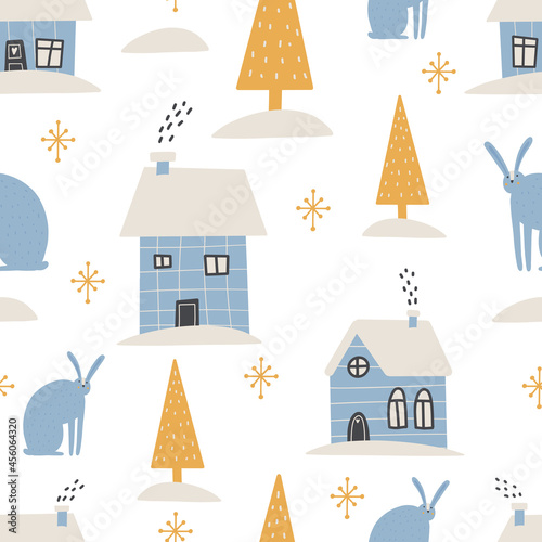 Christmas pattern Winter forest scandinavian hand drawn seamless pattern. New Year Digital paper
